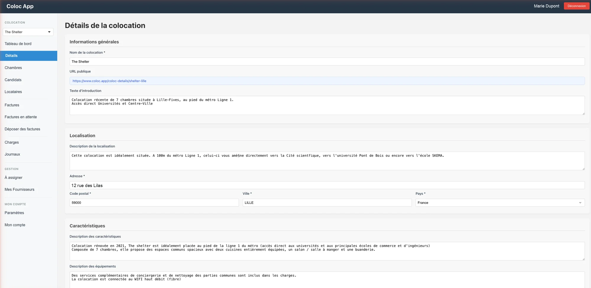 Profil d'une colocation dans le back-office Coloc